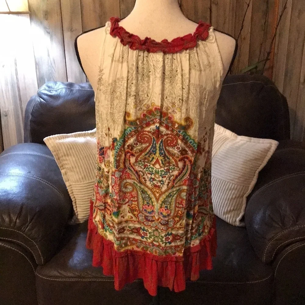 Bila Bohemian Tank Large Paisley Ruffles Scoop Neck Colorful Women's Sleeveless